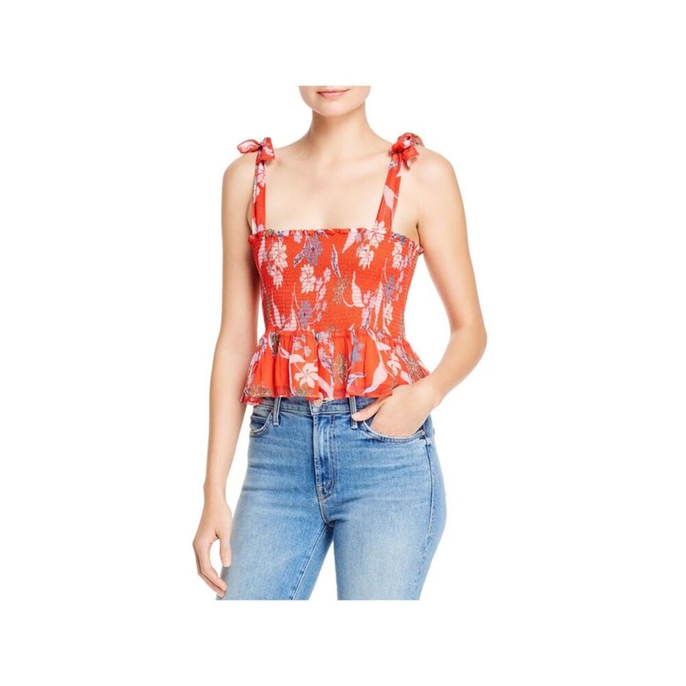 DOLAN Womens Red Stretch Smocked Ruffled Tank Sleeveless Square Neck Top S